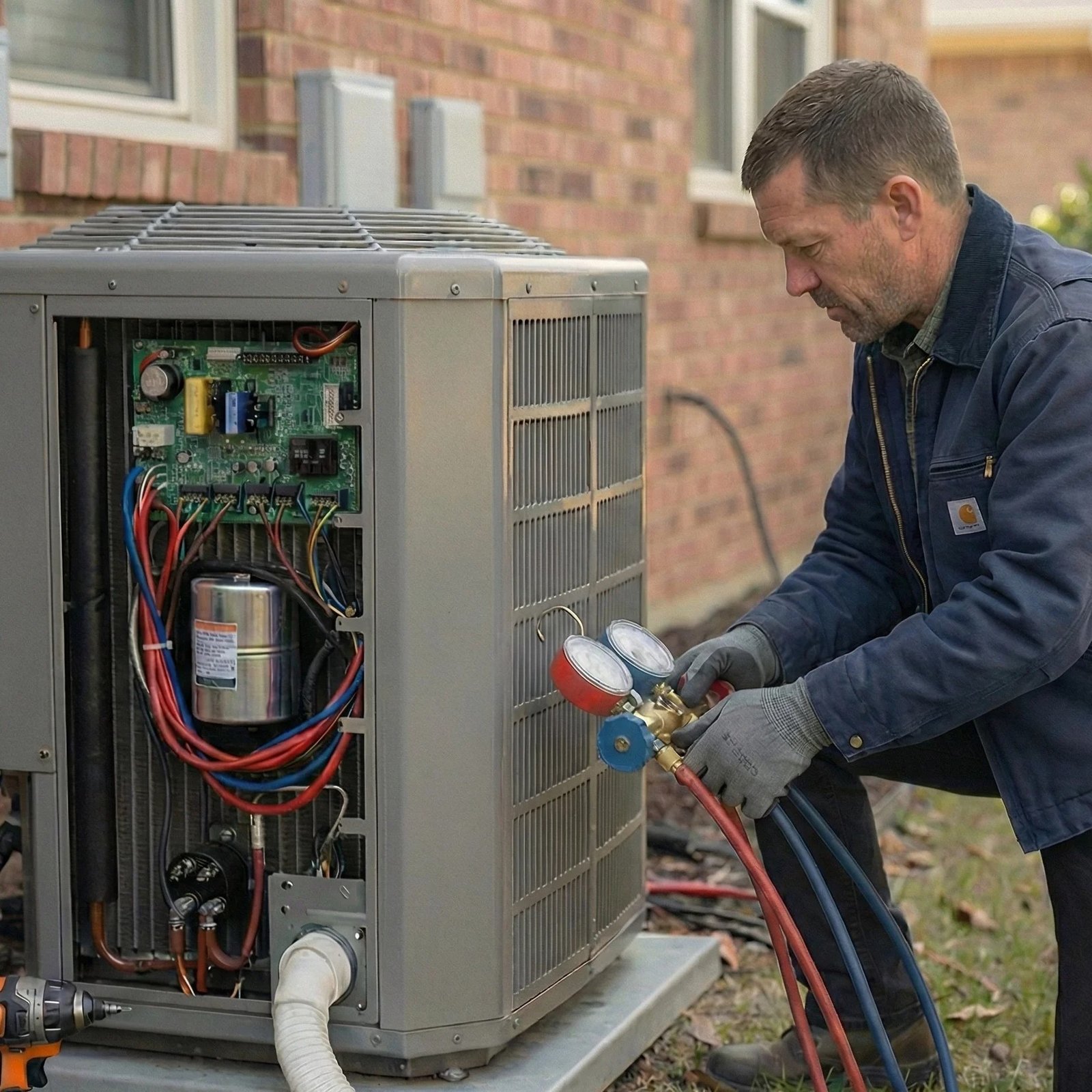 An Air Dynamics of Tulsa technician services an outdoor compressor unit beside a house in Tulsa.